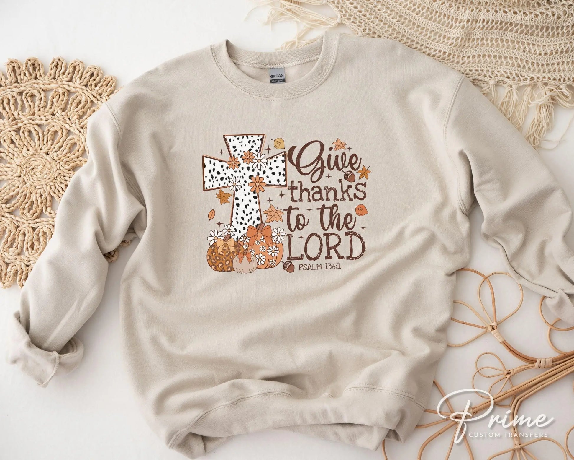Christian DTF Transfers, Ready to Press, T-shirt Transfers, Heat Transfer, Direct to Film, Fall, Leopard, Cross, Give Thanks to The Lord