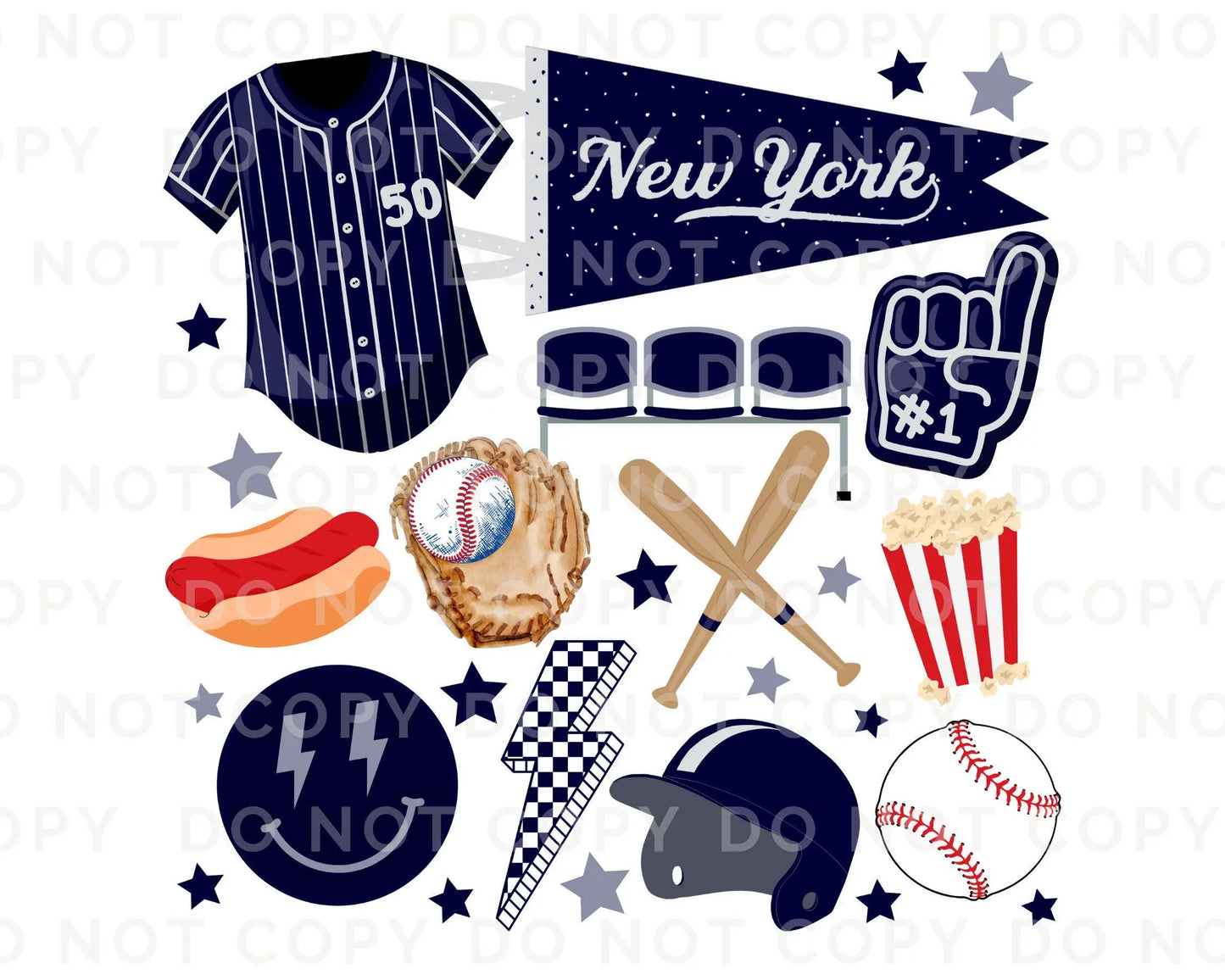 Baseball DTF Transfers, Ready to Press, T-shirt Transfer, Heat Transfer, Direct to Film, Sports, Game Day, doodle collage, New York baseball