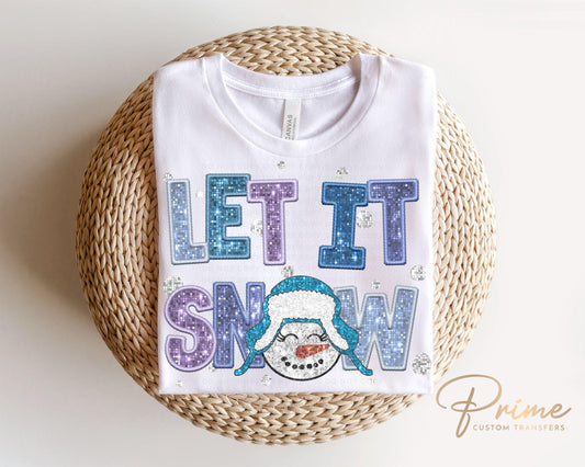 Winter DTF Transfers, Ready to Press, T-shirt Transfer, Heat Transfer, Direct to Film, Sparkle, Snowman, Faux Glitter, Sequin, Let it Snow