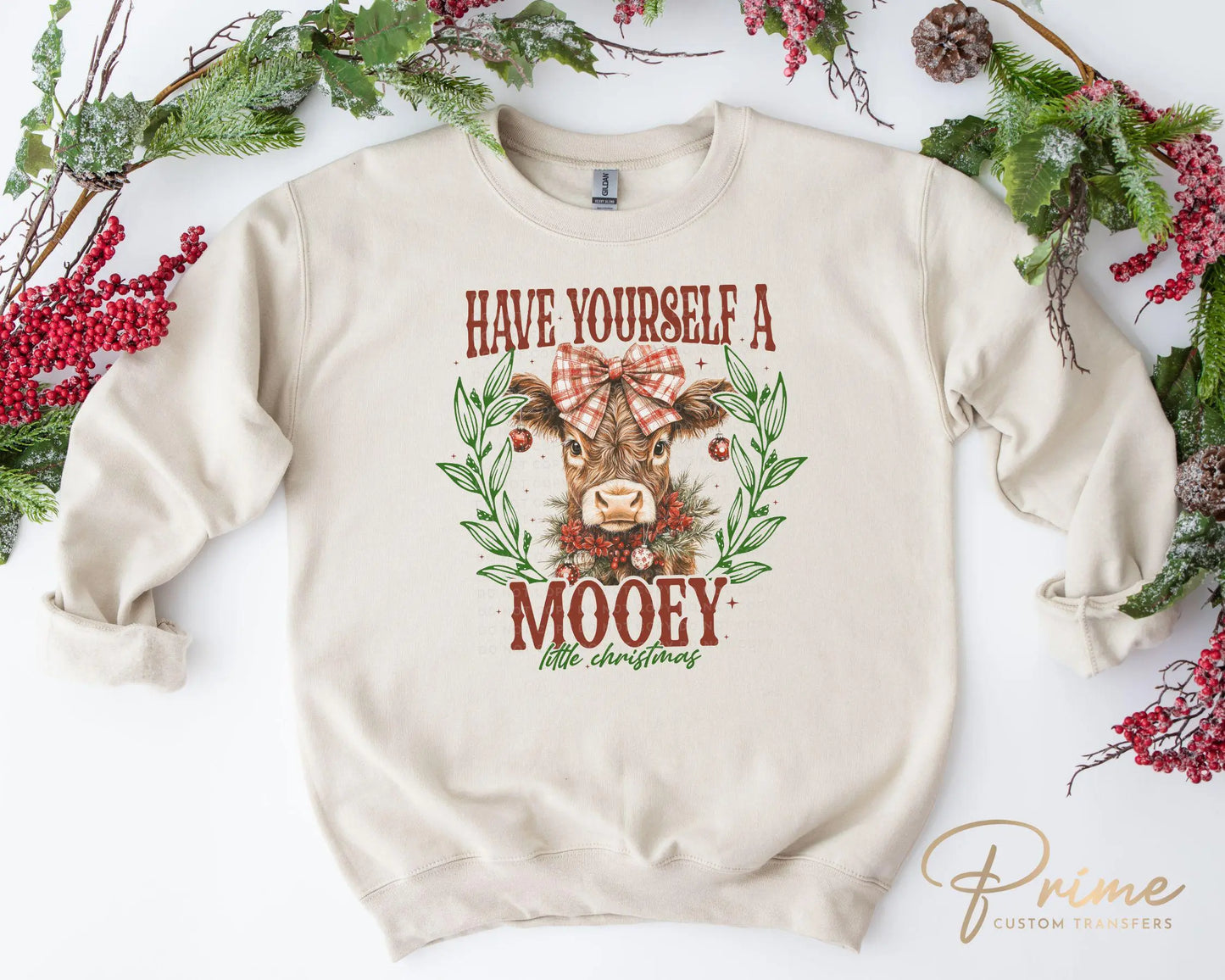 Christmas DTF Transfers, Ready to Press, T-shirt Transfers, Heat Transfer, Direct to Film, Holiday, Coquette Highland Cow, Mooey Christmas