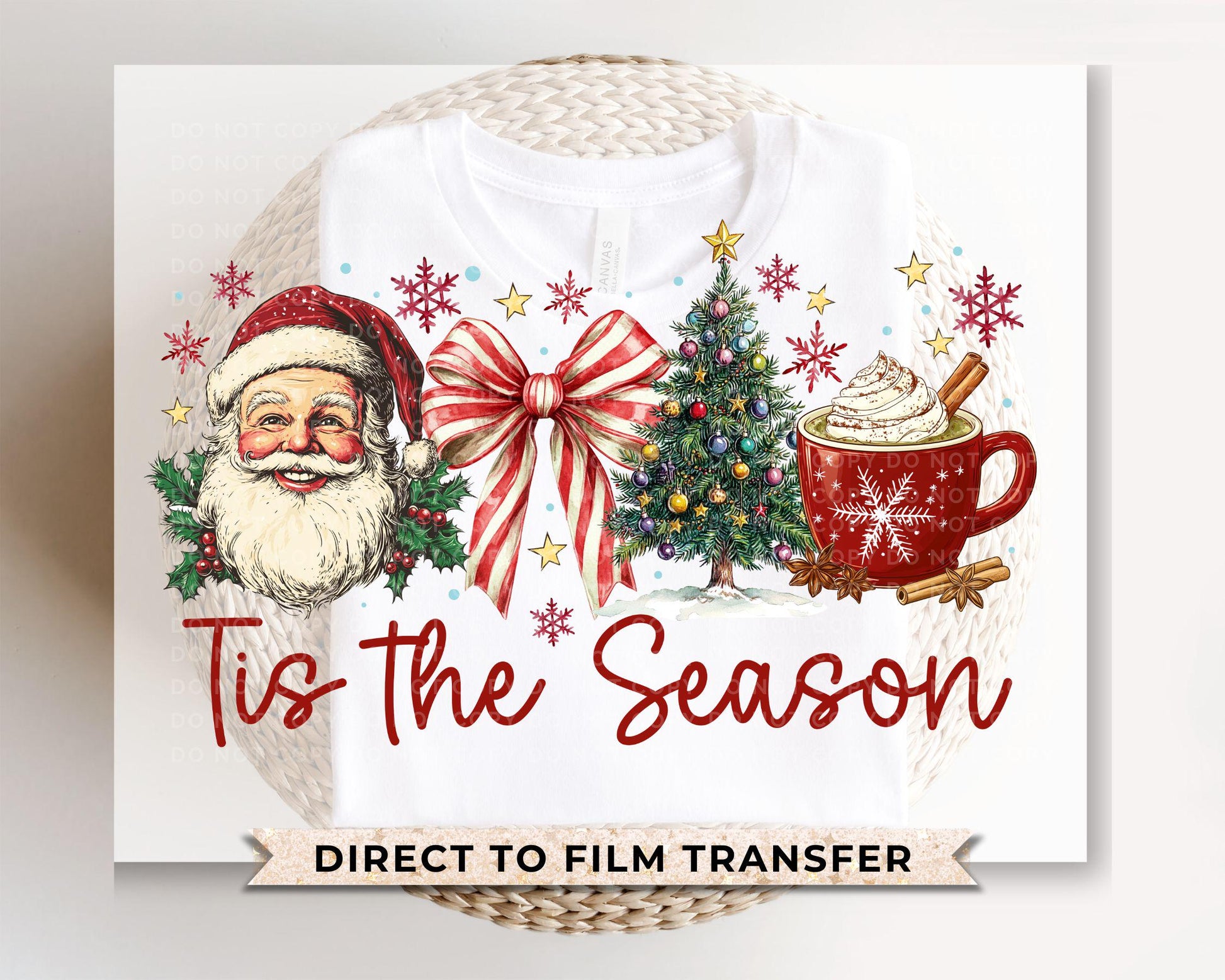 Christmas DTF Transfer, Ready to Press, T-shirt Transfers, Heat Transfer, Direct to Film, Holiday, Coquette Bow Santa Hot Cocoa Candy Cane