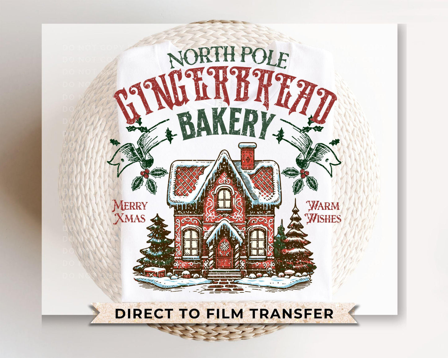 Christmas DTF Transfer, Ready to Press, Heat Transfer, Direct to Film, T-shirt, Holiday, Baking, Cute North Pole Gingerbread Bakery, Cookies