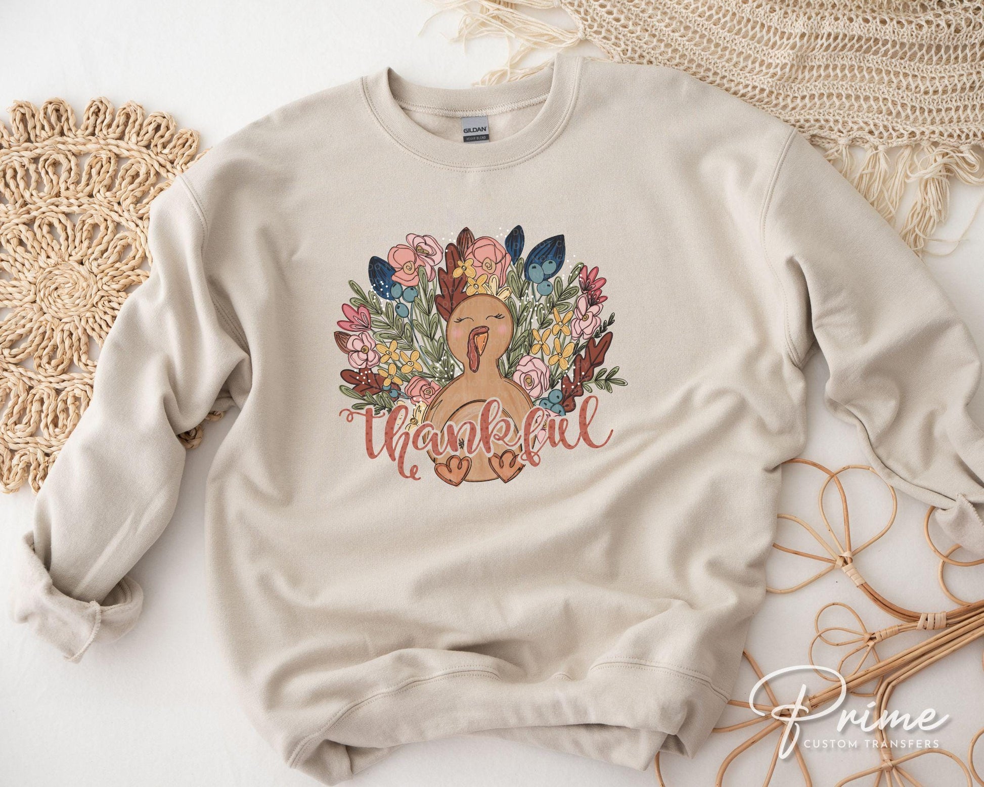 DTF Transfers, Ready to Press, T-shirt Transfers, Heat Transfer, Direct to Film, Holiday, Thanksgiving, Thankful, Flowers, Floral Turkey