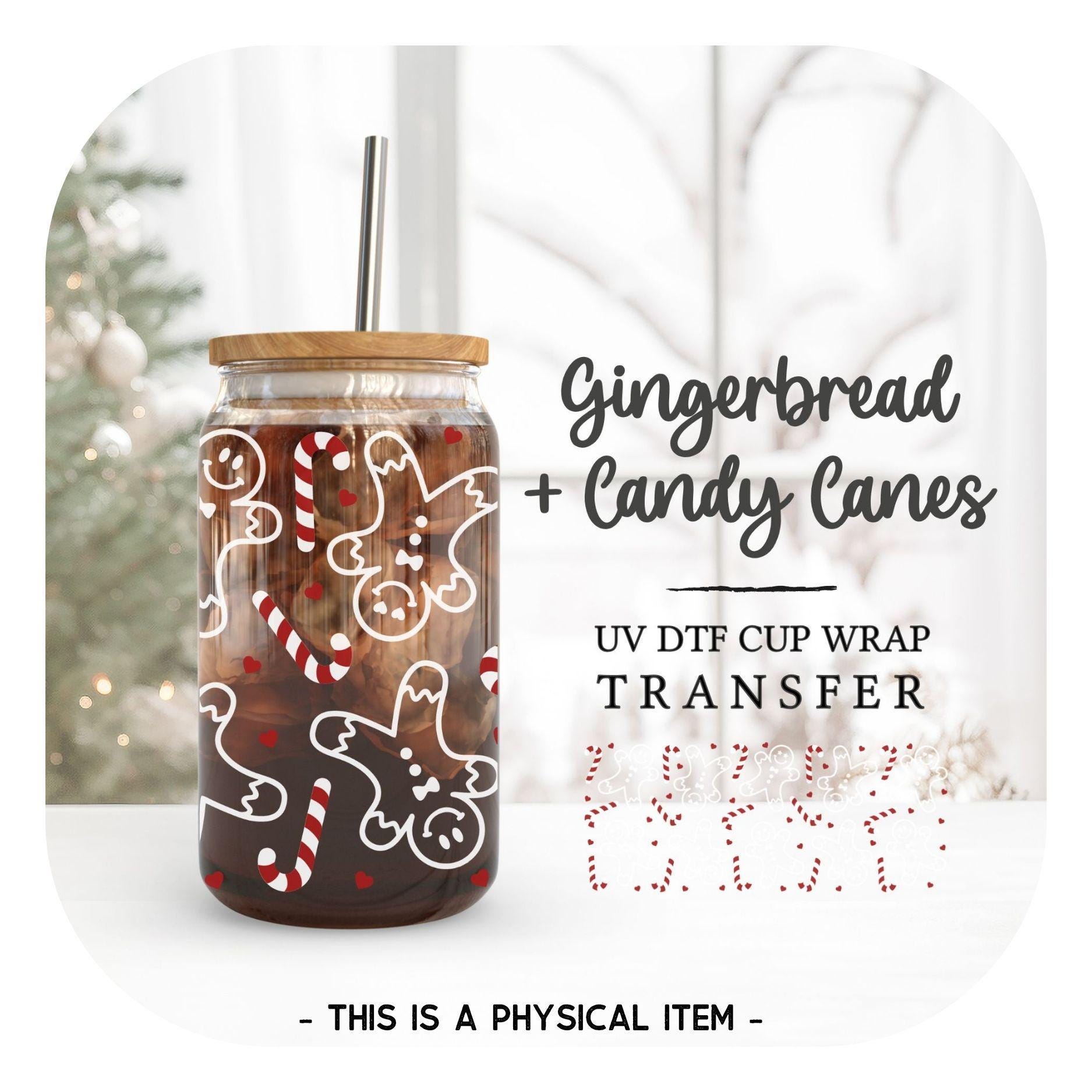 Christmas UV DTF Libbey 16oz Cup Wrap Sticker, Ready to Ship, rts, Direct to Film, Glass Can, Permanent, Gingerbread and Candy Canes