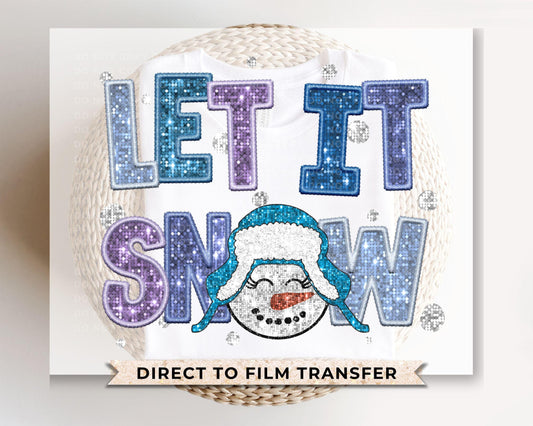 Winter DTF Transfers, Ready to Press, T-shirt Transfer, Heat Transfer, Direct to Film, Sparkle, Snowman, Faux Glitter, Sequin, Let it Snow