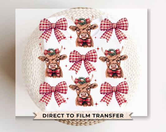 Christmas DTF Transfers, Ready to Press, T-shirt Transfers, Heat Transfer, Direct to Film, Holiday, Coquette Highland Cow, Mooey Christmas