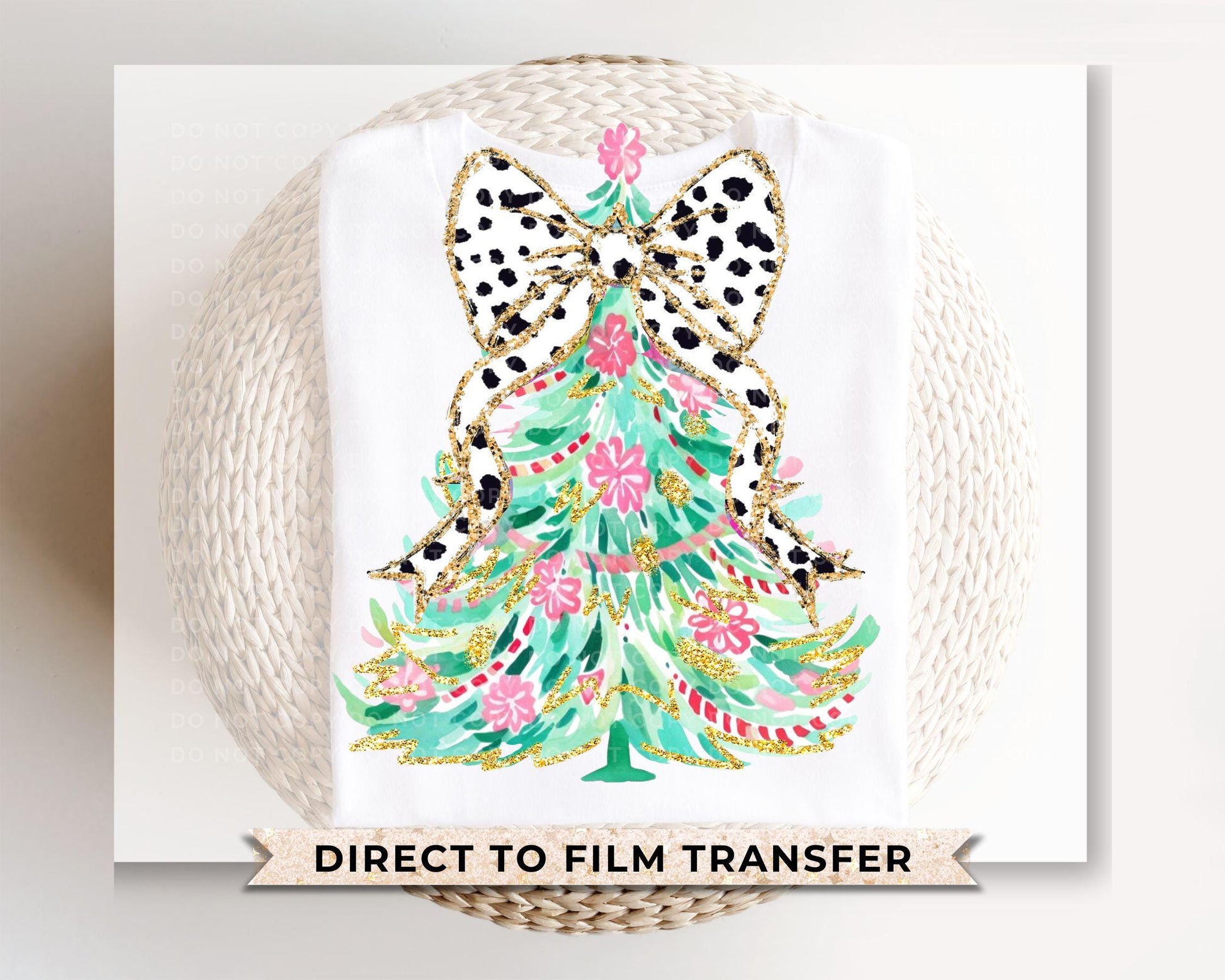 Christmas DTF Transfer, Ready to Press, T-shirt Transfer, Heat Transfer, Direct to Film, Holiday, Coquette Girly, FAUX Glitter Dalmatian Bow