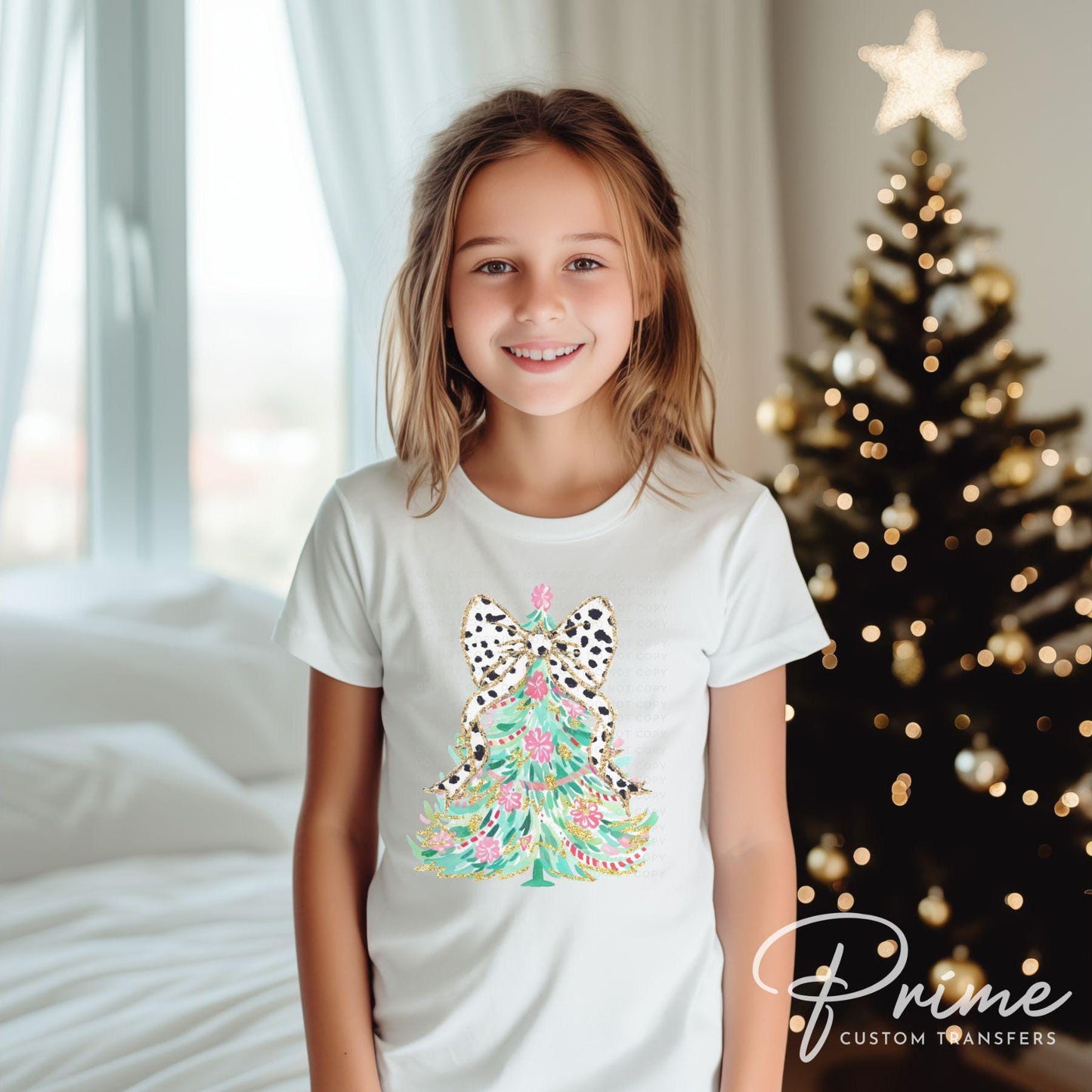 Christmas DTF Transfer, Ready to Press, T-shirt Transfer, Heat Transfer, Direct to Film, Holiday, Coquette Girly, FAUX Glitter Dalmatian Bow