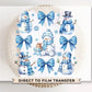 Winter DTF Transfers, Ready to Press, T-shirt Transfers, Heat Transfer, Direct to Film, Holiday, Light Blue, Snow, Coquette Bows and Snowmen