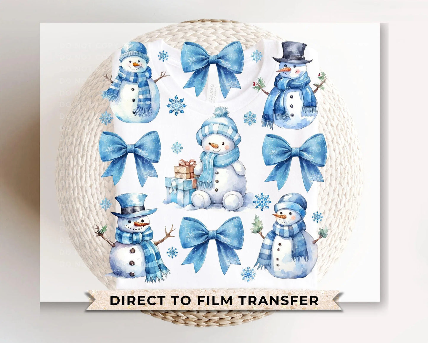 Winter DTF Transfers, Ready to Press, T-shirt Transfers, Heat Transfer, Direct to Film, Holiday, Light Blue, Snow, Coquette Bows and Snowmen