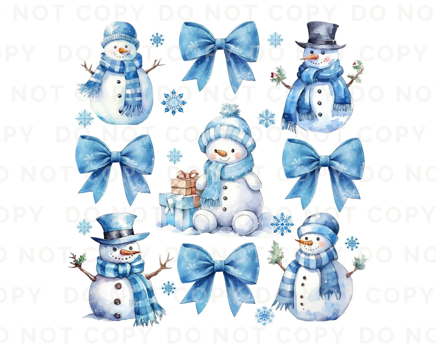 Winter DTF Transfers, Ready to Press, T-shirt Transfers, Heat Transfer, Direct to Film, Holiday, Light Blue, Snow, Coquette Bows and Snowmen