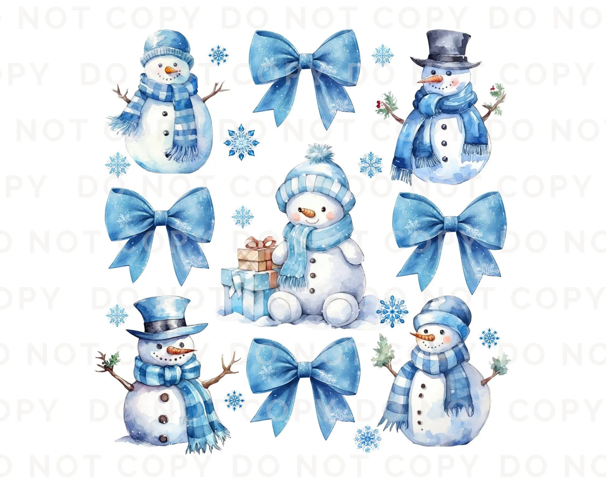 Winter DTF Transfers, Ready to Press, T-shirt Transfers, Heat Transfer, Direct to Film, Holiday, Light Blue, Snow, Coquette Bows and Snowmen
