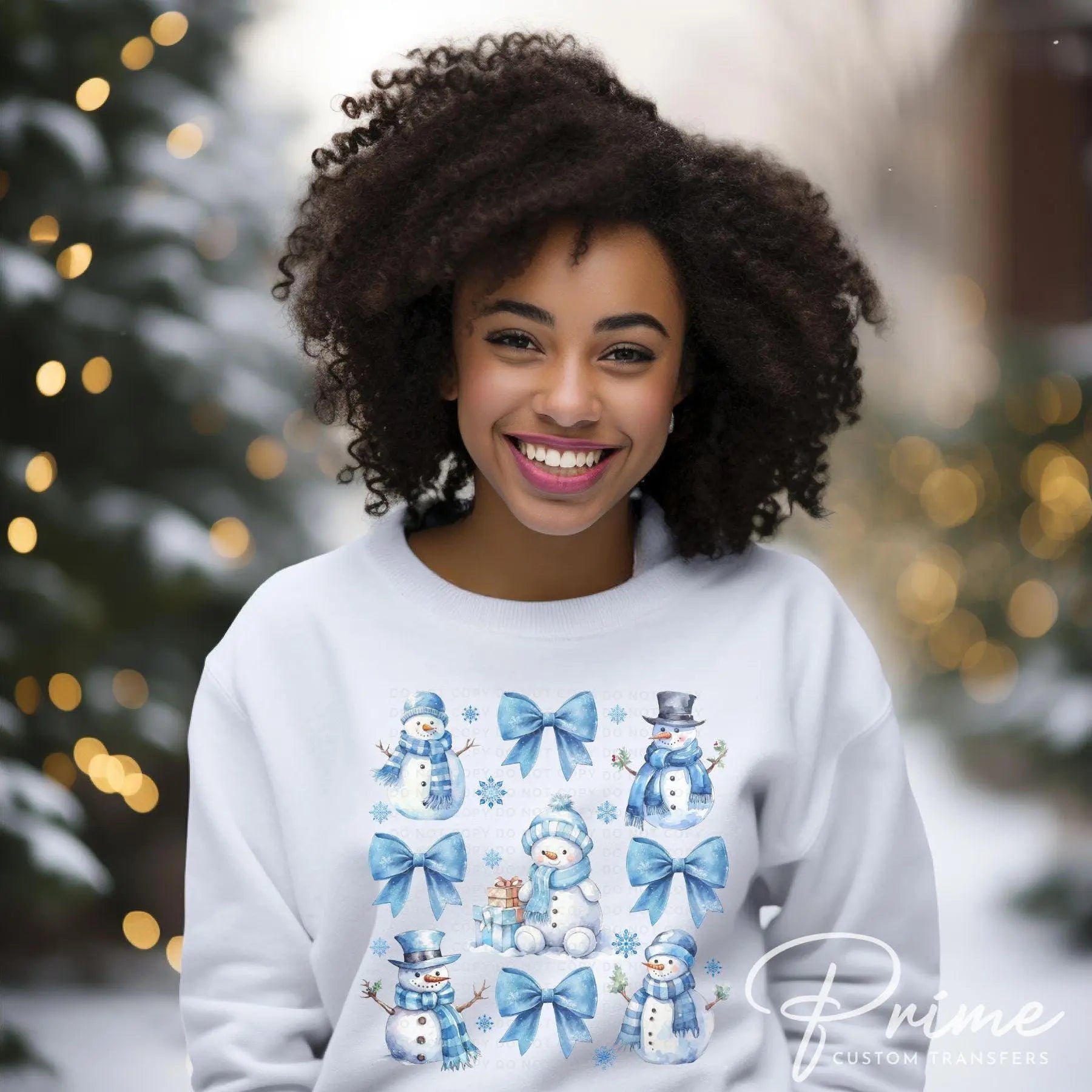 Winter DTF Transfers, Ready to Press, T-shirt Transfers, Heat Transfer, Direct to Film, Holiday, Light Blue, Snow, Coquette Bows and Snowmen