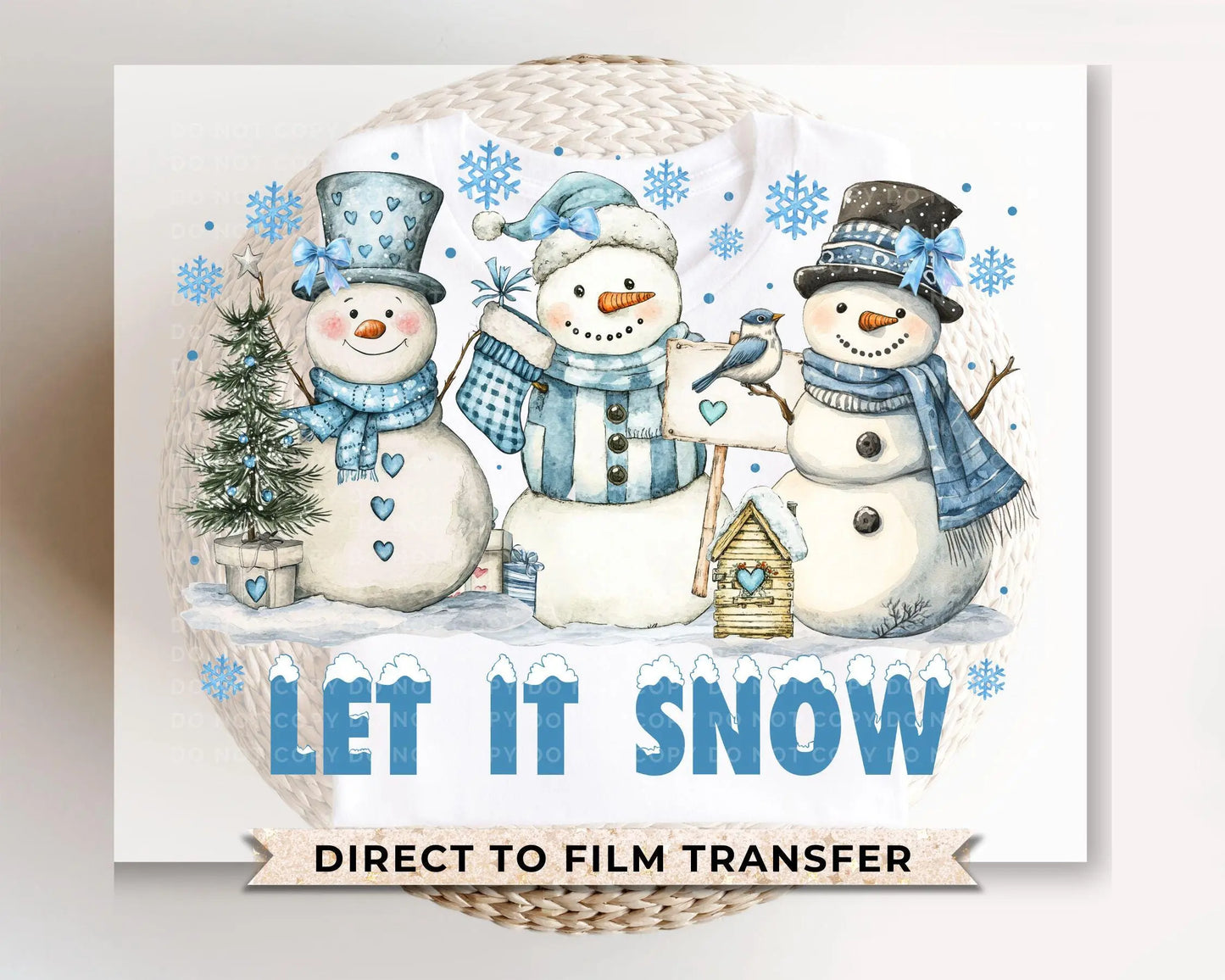 Winter DTF Transfers, Ready to Press, T-shirt Transfers, Heat Transfer, Direct to Film, Holiday, Light Blue, Cute, Let it Snow, Snowmen
