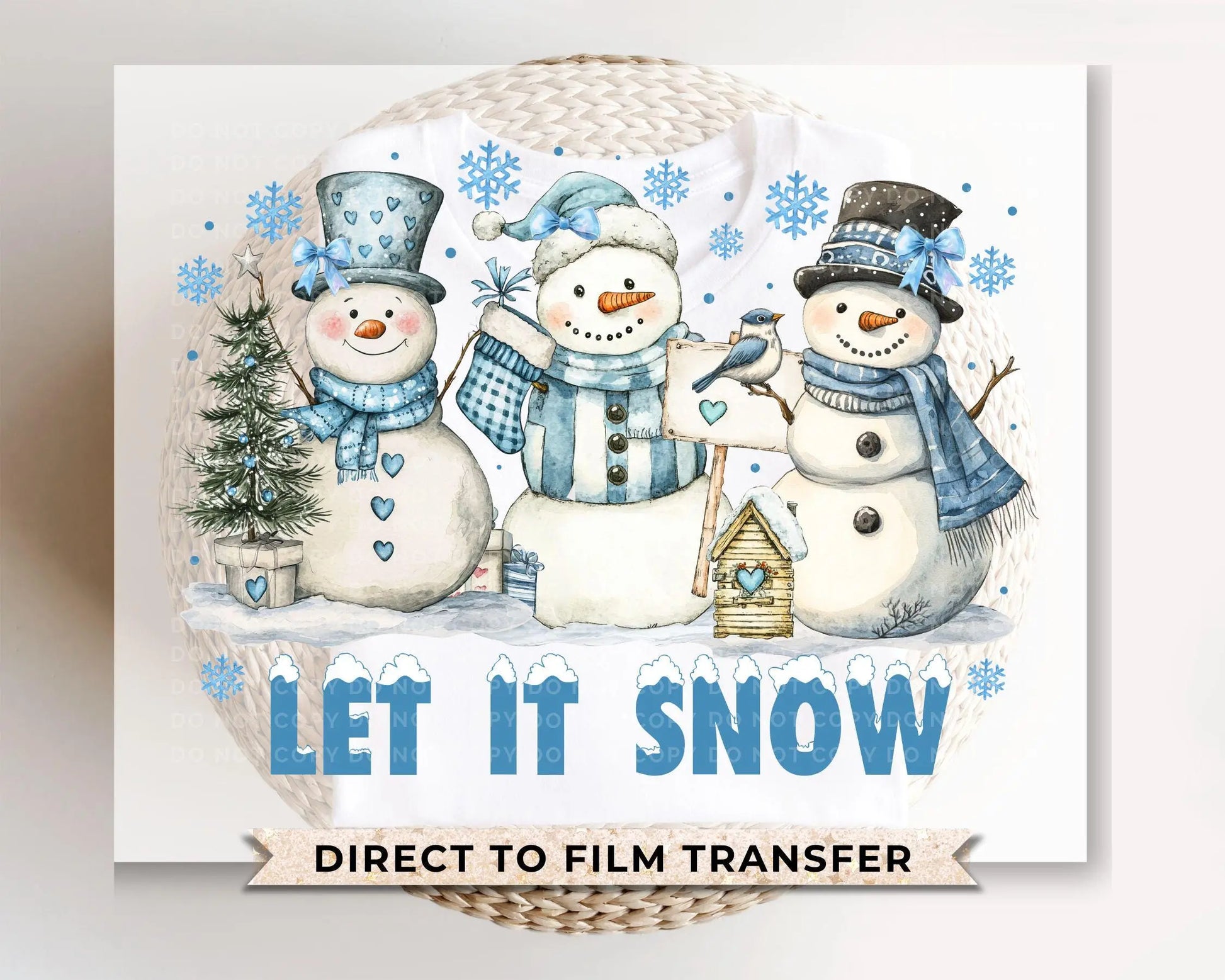 Winter DTF Transfers, Ready to Press, T-shirt Transfers, Heat Transfer, Direct to Film, Holiday, Light Blue, Cute, Let it Snow, Snowmen