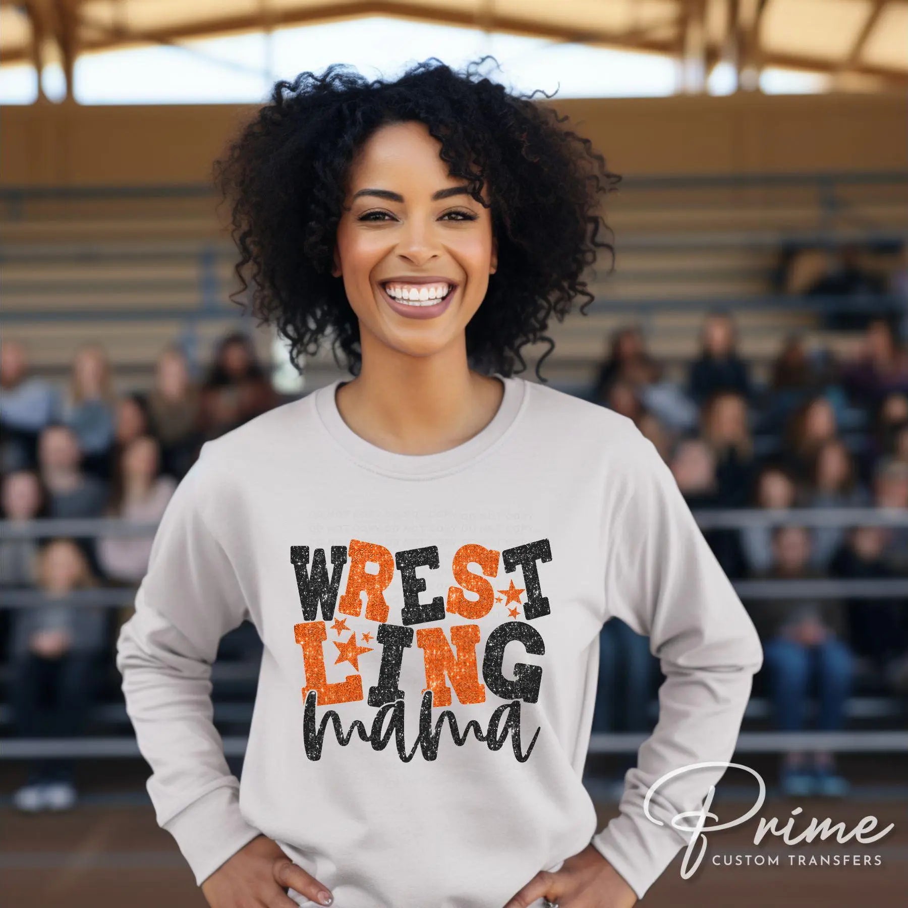 Wrestling Mom DTF Transfer, Ready to Press, T-shirt Transfer, Heat Transfer, Direct to Film, Wrestle, Sport, FAUX Glitter, Orange and Black
