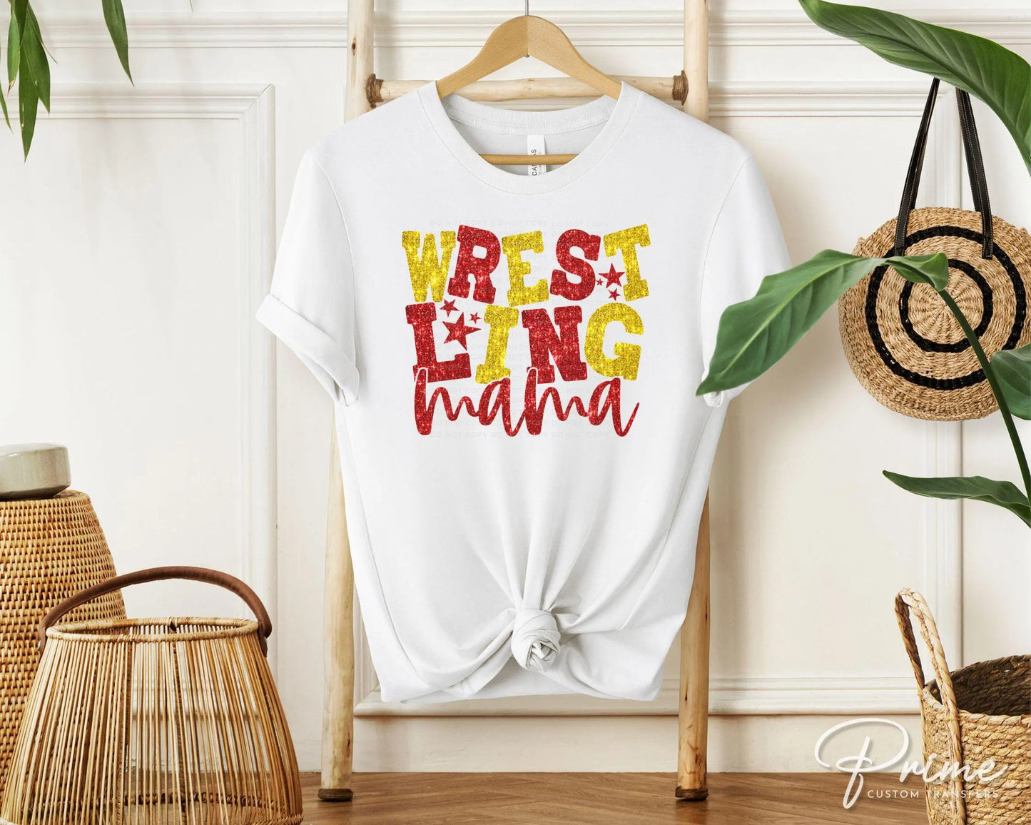 Wrestling Mom DTF Transfer, Ready to Press, T-shirt Transfer, Heat Transfer, Direct to Film, Wrestle, Sport, FAUX Glitter, Red and Yellow