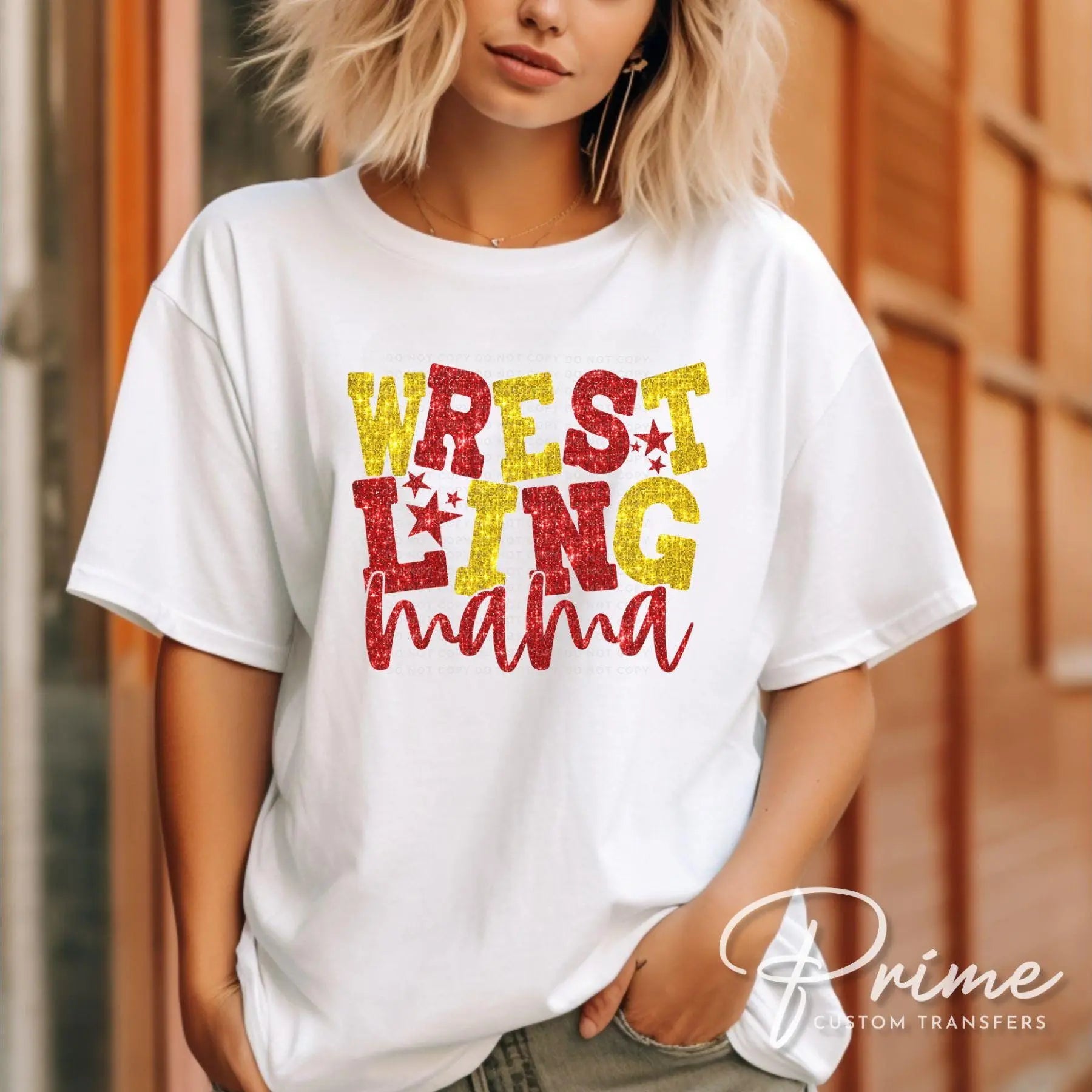 Wrestling Mom DTF Transfer, Ready to Press, T-shirt Transfer, Heat Transfer, Direct to Film, Wrestle, Sport, FAUX Glitter, Red and Yellow