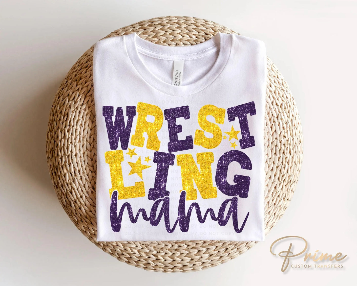 Wrestling Mom DTF Transfer, Ready to Press, T-shirt Transfer, Heat Transfer, Direct to Film, Wrestle, Sport, FAUX Glitter, Yellow and Purple