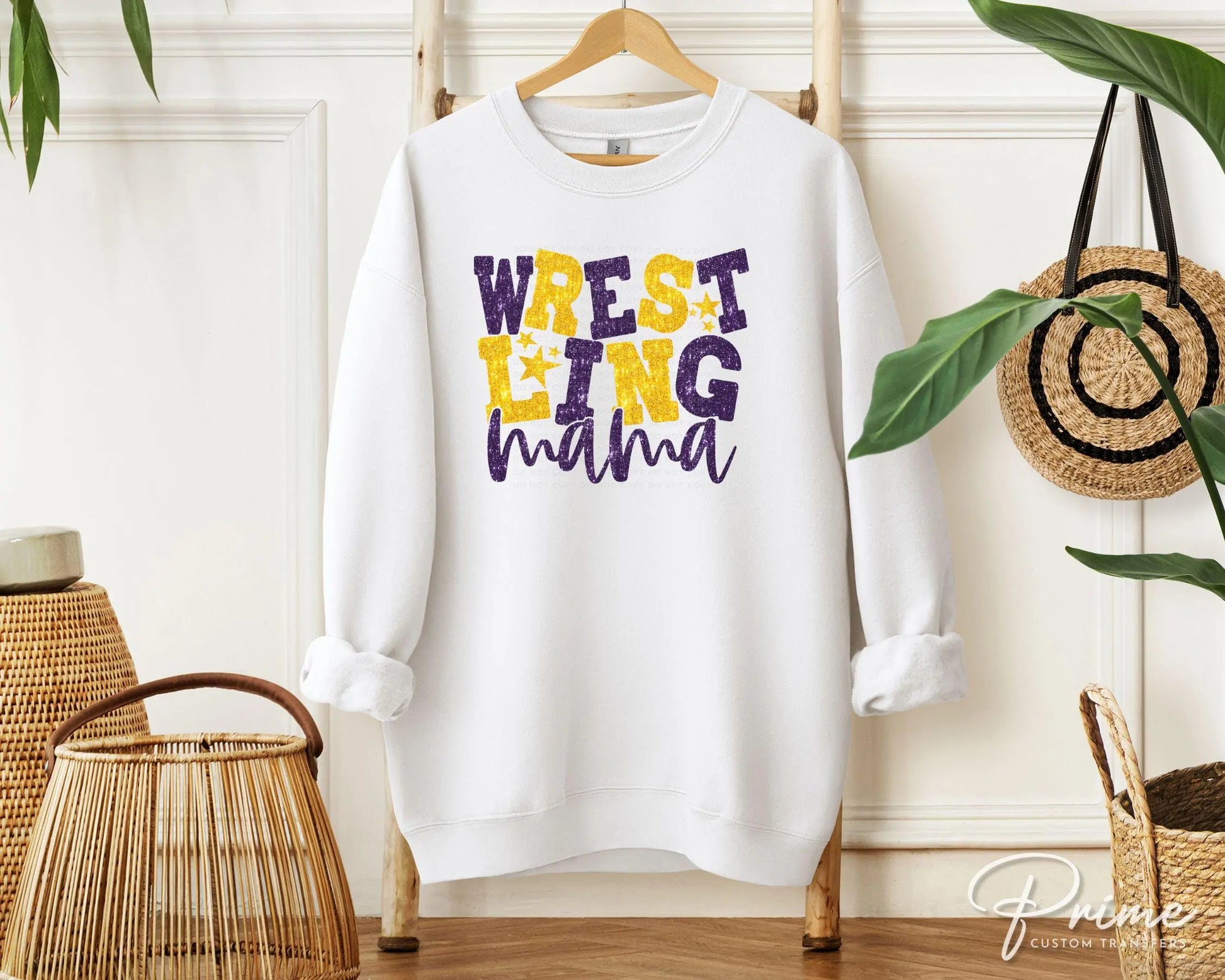 Wrestling Mom DTF Transfer, Ready to Press, T-shirt Transfer, Heat Transfer, Direct to Film, Wrestle, Sport, FAUX Glitter, Yellow and Purple