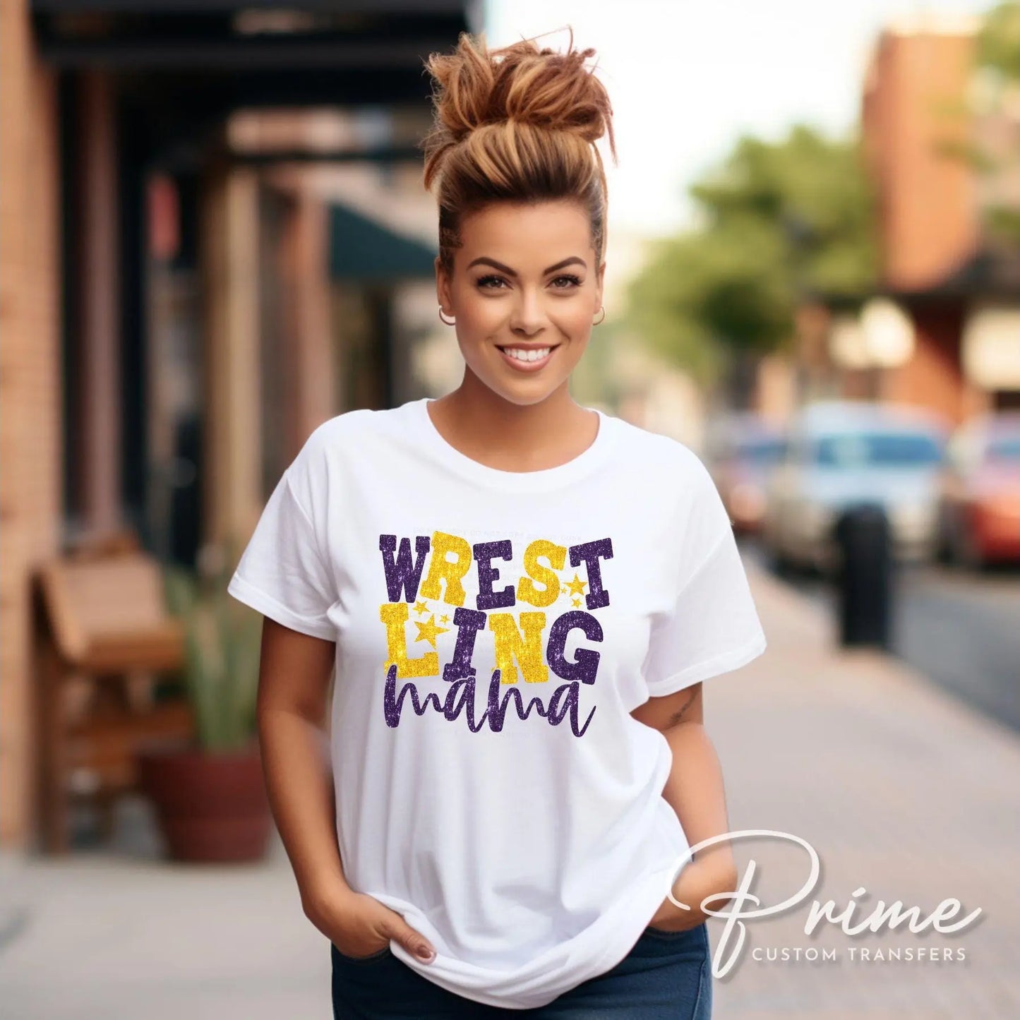 Wrestling Mom DTF Transfer, Ready to Press, T-shirt Transfer, Heat Transfer, Direct to Film, Wrestle, Sport, FAUX Glitter, Yellow and Purple