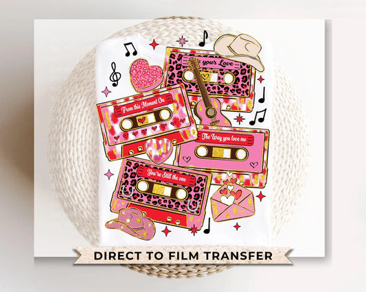 Valentine DTF Transfer, Ready to Press, T-shirt Transfer, Heat Transfer, Direct to Film, Country Cowgirl Western Love Glitter Cassette Tapes