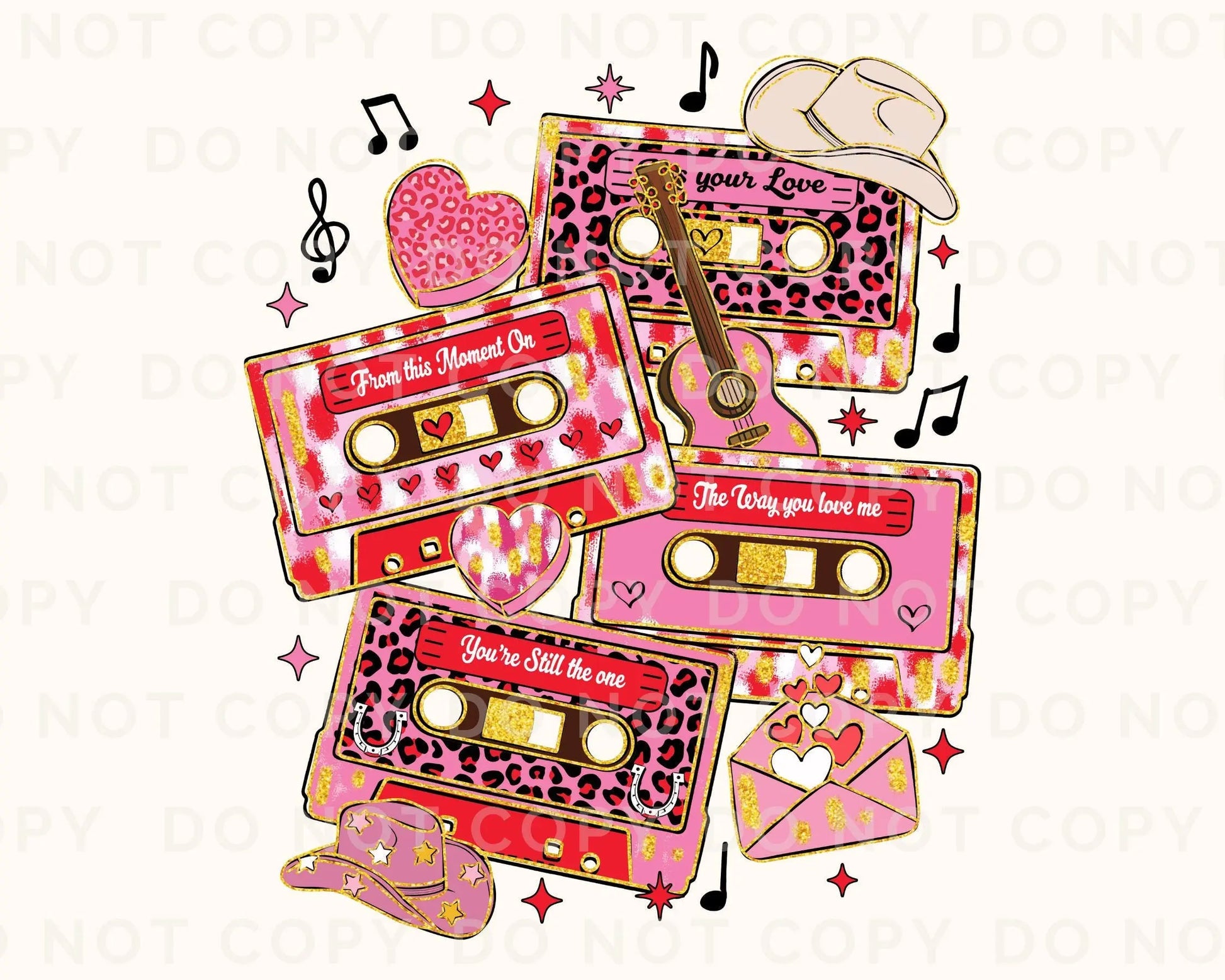 Valentine DTF Transfer, Ready to Press, T-shirt Transfer, Heat Transfer, Direct to Film, Country Cowgirl Western Love Glitter Cassette Tapes