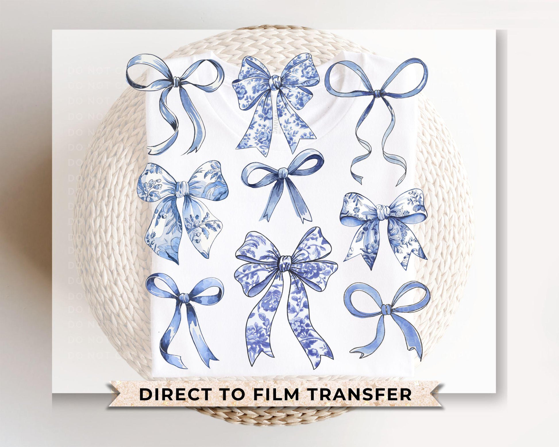 Coquette Blue And White Bows DTF Transfer, Ready to Press, T-shirt Transfer, Heat Transfer, Direct to Film, Cold Peel, Girly, Trendy, Floral