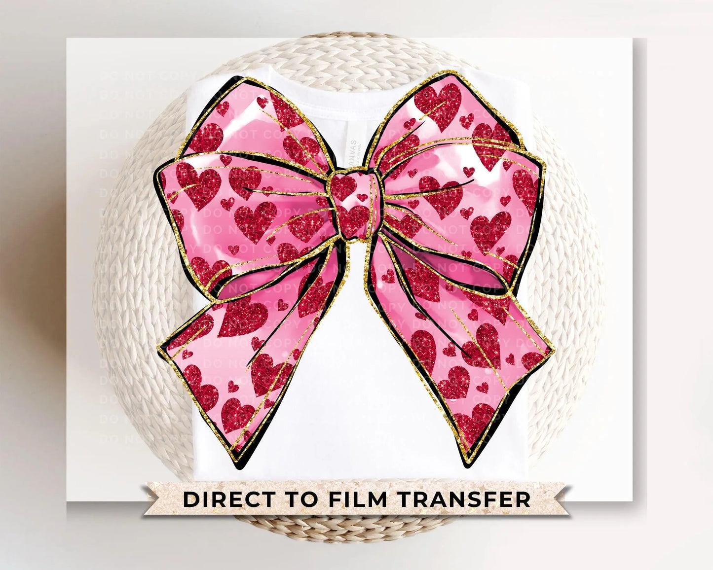 Valentine DTF Transfers, Ready to Press, T-shirt Transfers, Heat Transfer, Direct to Film, Holiday, Faux Glitter, Pink Coquette Heart Bow