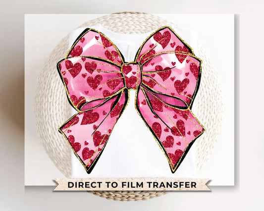 Valentine DTF Transfers, Ready to Press, T-shirt Transfers, Heat Transfer, Direct to Film, Holiday, Faux Glitter, Pink Coquette Heart Bow