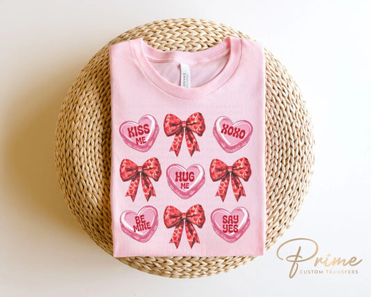 Valentine DTF Transfers, Ready to Press, T-shirt Transfers, Heat Transfer, Direct to Film, Holiday, Coquette Bows and Conversation Hearts