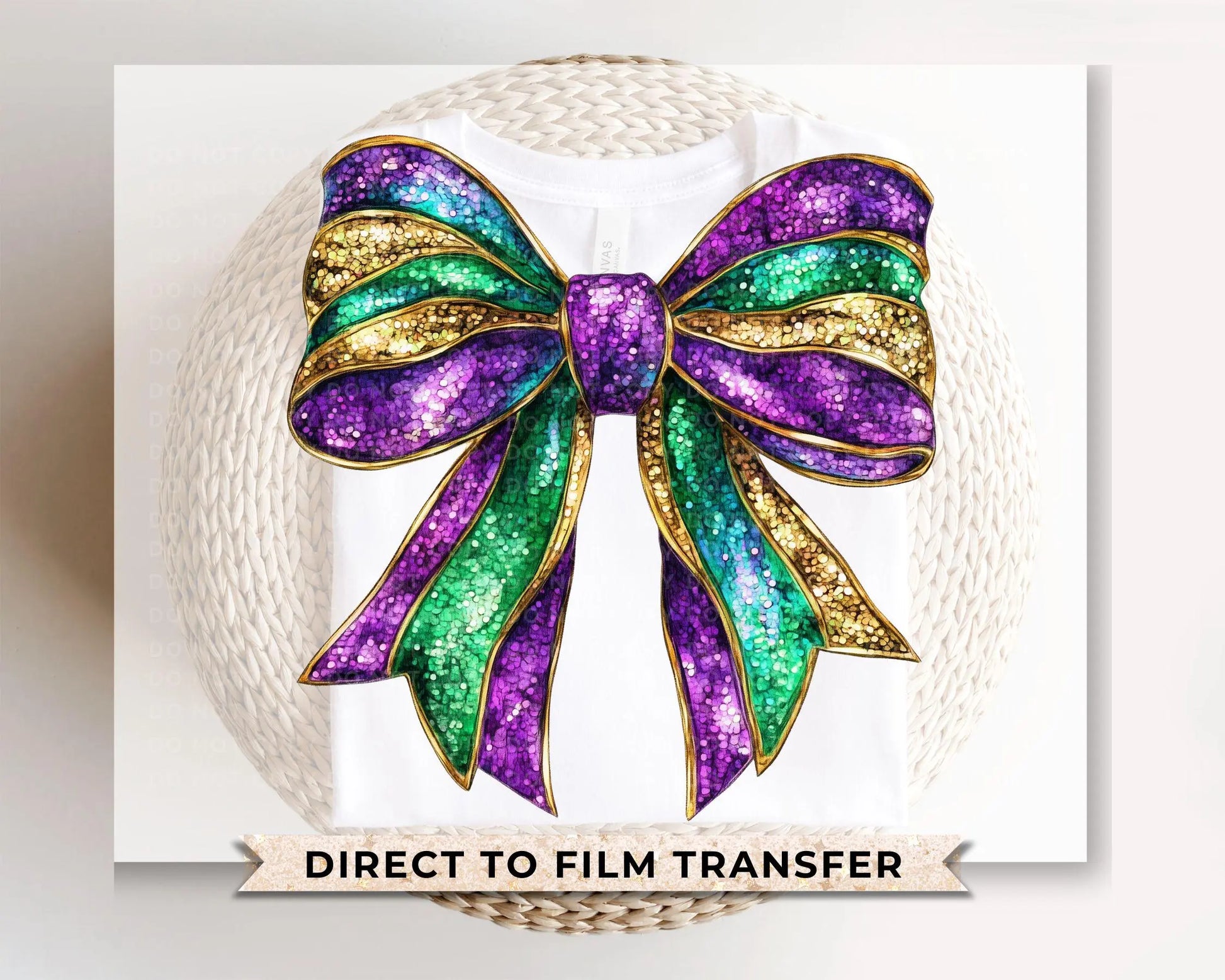 Mardi Gras DTF Transfer, Ready to Press, T-shirt Transfer, Heat Transfer, Direct to Film, Louisiana New Orleans, Coquette Bow FAUX Glitter