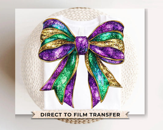 Mardi Gras DTF Transfer, Ready to Press, T-shirt Transfer, Heat Transfer, Direct to Film, Louisiana New Orleans, Coquette Bow FAUX Glitter