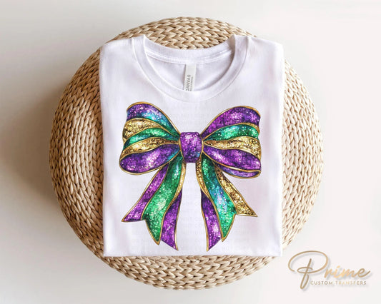 Mardi Gras DTF Transfer, Ready to Press, T-shirt Transfer, Heat Transfer, Direct to Film, Louisiana New Orleans, Coquette Bow FAUX Glitter