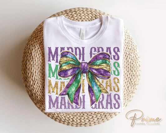 Mardi Gras DTF Transfer, Ready to Press, T-shirt Transfer, Heat Transfer, Direct to Film, Louisiana New Orleans, Coquette Bow FAUX Glitter