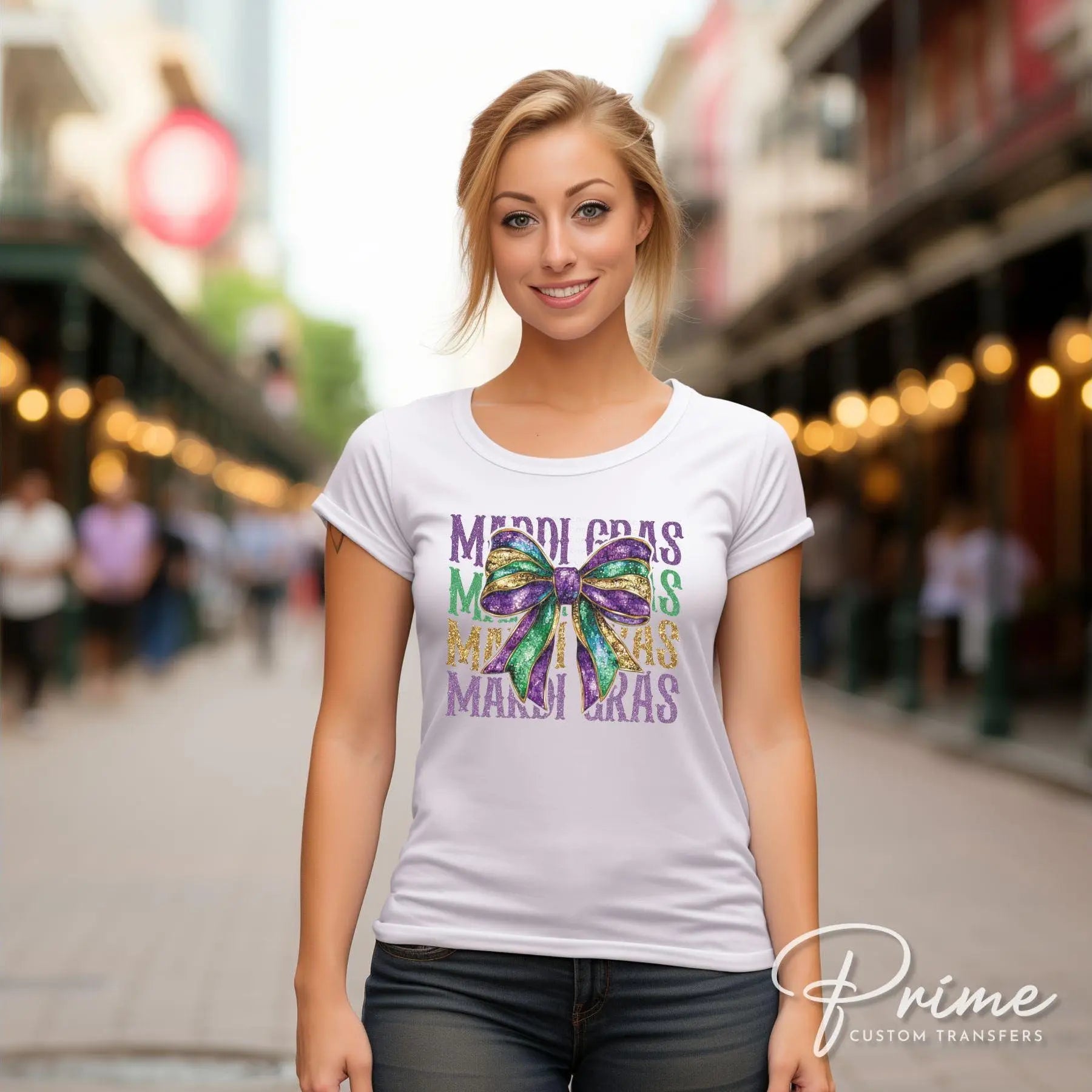 Mardi Gras DTF Transfer, Ready to Press, T-shirt Transfer, Heat Transfer, Direct to Film, Louisiana New Orleans, Coquette Bow FAUX Glitter