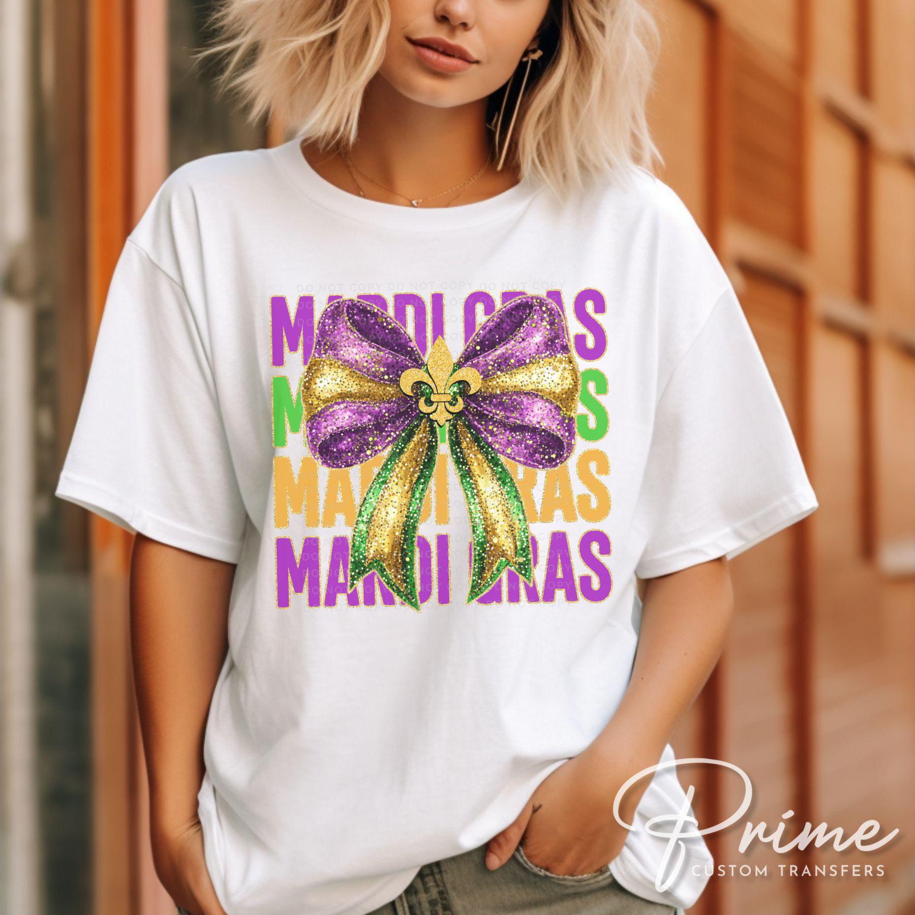 Mardi Gras DTF Transfer, Ready to Press, T-shirt Transfer, Heat Transfer, Direct to Film, Louisiana New Orleans, Coquette Fleur De Lis Bow