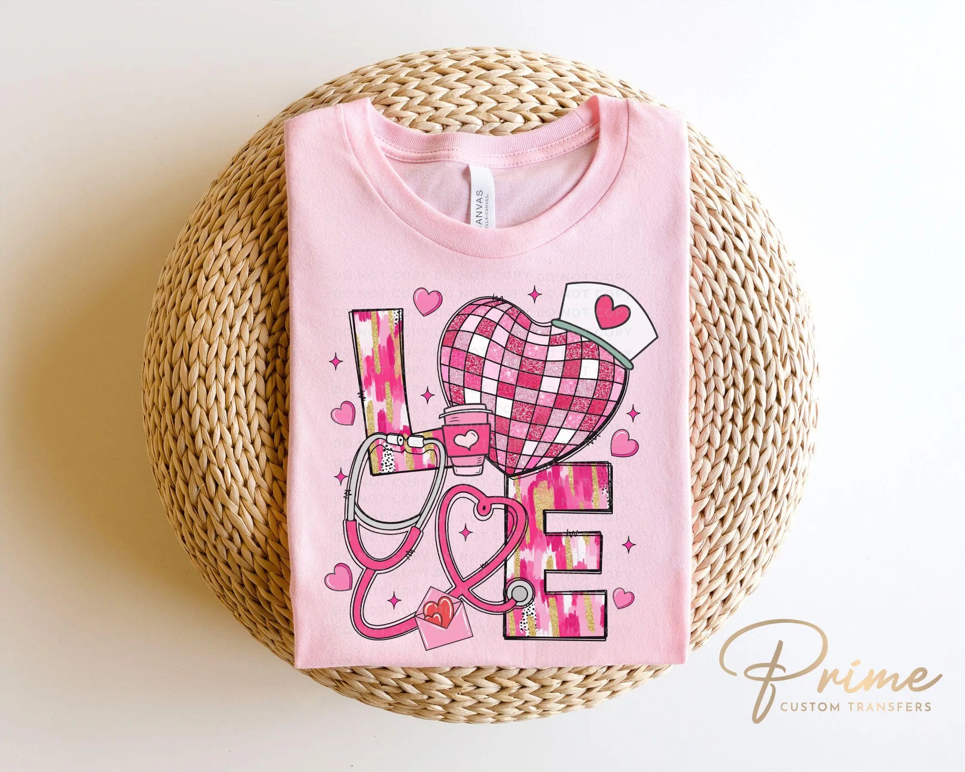 Valentine's Day DTF Transfer, Ready to Press, T-shirt Transfer, Heat Transfer, Direct to Film, Pink Hearts, Disco, CNA, Nurse, Coquette Bow