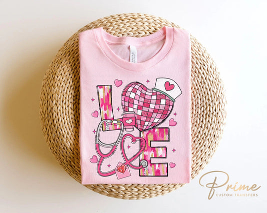 Valentine's Day DTF Transfer, Ready to Press, T-shirt Transfer, Heat Transfer, Direct to Film, Pink Hearts, Disco, CNA, Nurse, Coquette Bow