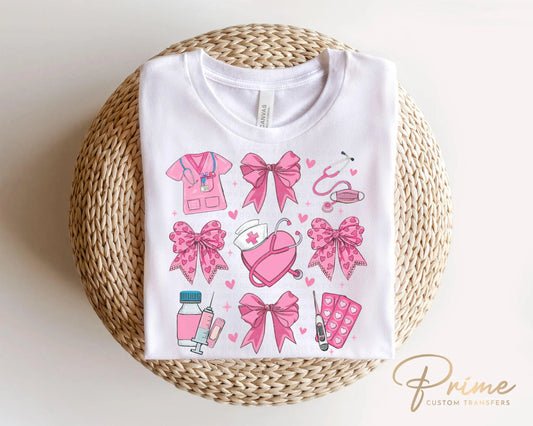 Valentine's Day DTF Transfer, Ready to Press, T-shirt Transfer, Heat Transfer, Direct to Film, Pink, CNA, Nurse Gift, Hearts, Coquette Bows