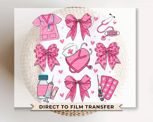 Valentine's Day DTF Transfer, Ready to Press, T-shirt Transfer, Heat Transfer, Direct to Film, Pink, CNA, Nurse Gift, Hearts, Coquette Bows
