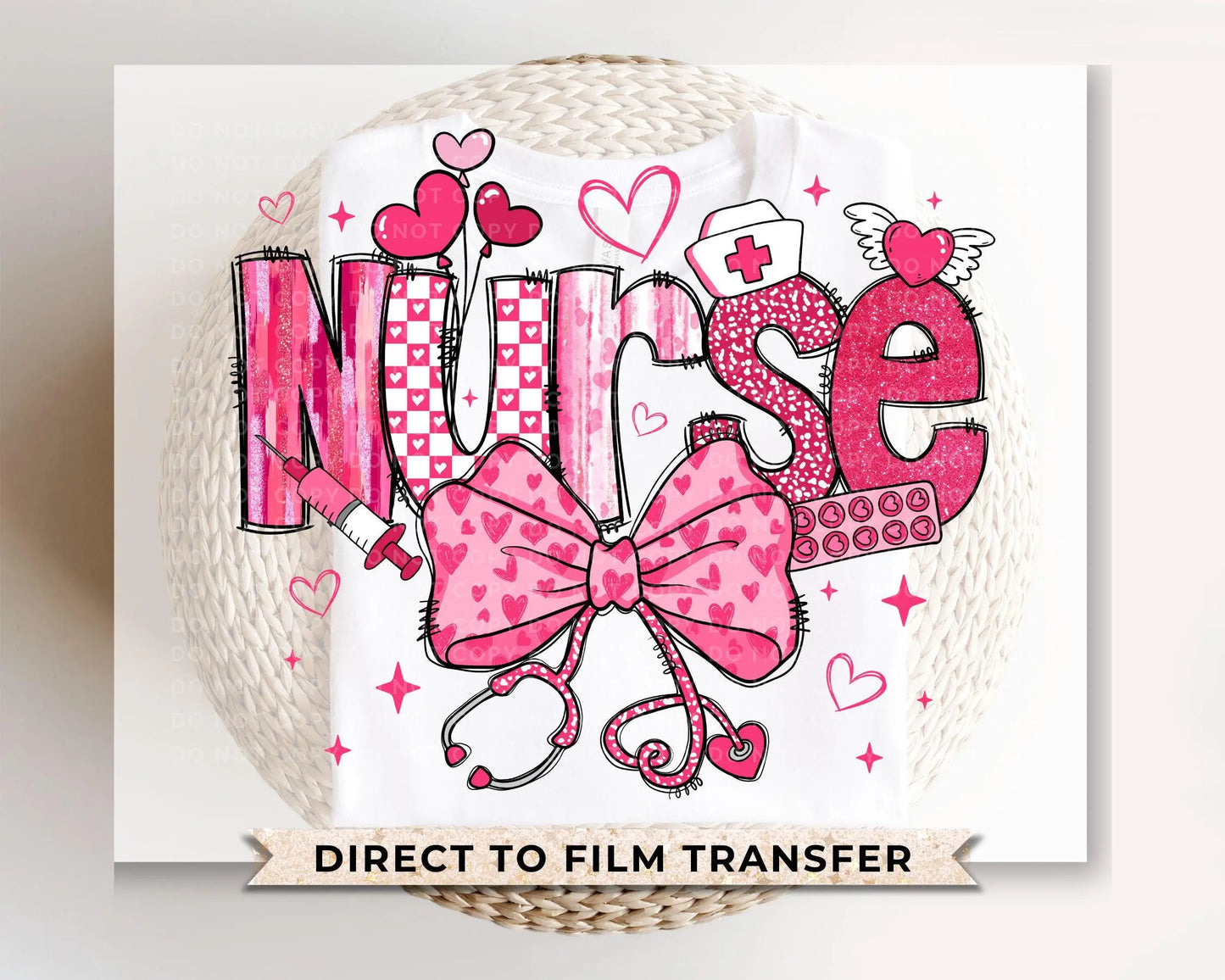 Valentine's Day DTF Transfer, Ready to Press, T-shirt Transfer, Heat Transfer, Direct to Film, Hearts, CNA, Nurse Gift, Coquette Bow Pink