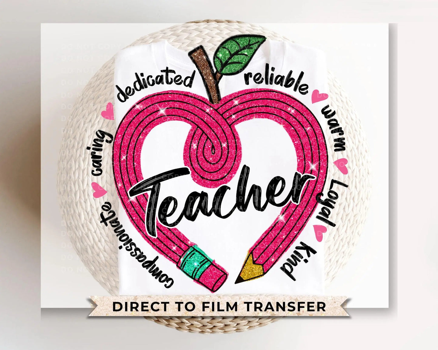 Valentine's Day DTF Transfer, Ready to Press, T-shirt Transfer, Heat Transfer, Direct to Film, School, FAUX Sequins, Teacher Heart Pencil