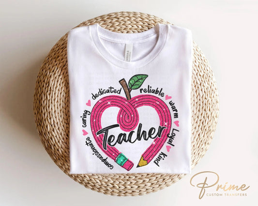 Valentine's Day DTF Transfer, Ready to Press, T-shirt Transfer, Heat Transfer, Direct to Film, School, FAUX Sequins, Teacher Heart Pencil