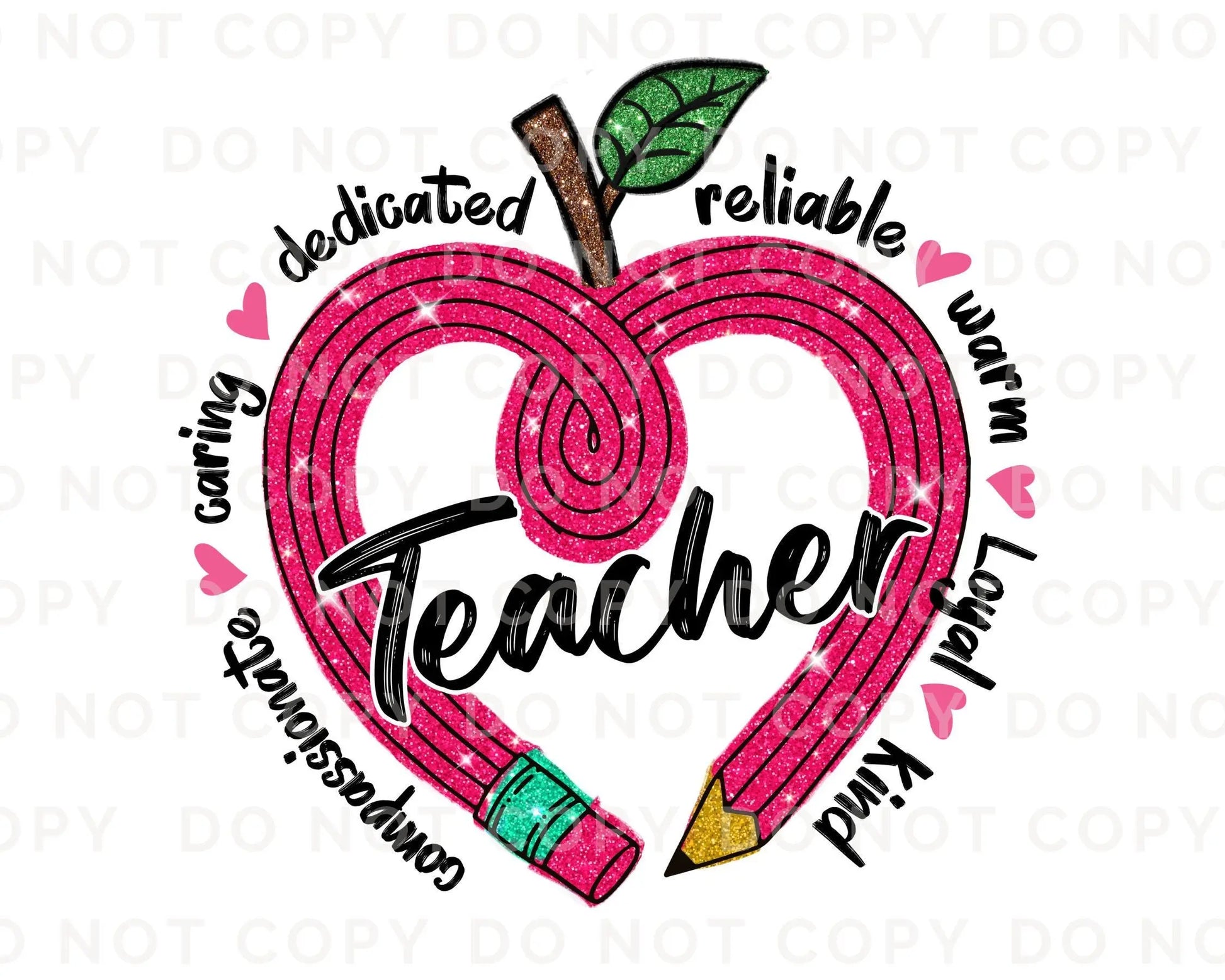 Valentine's Day DTF Transfer, Ready to Press, T-shirt Transfer, Heat Transfer, Direct to Film, School, FAUX Sequins, Teacher Heart Pencil