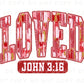 Valentine DTF Transfers, Ready to Press, T-shirt Transfers, Heat Transfer, Direct to Film, Christian, Jesus, Loved, John 3:16 Coquette Bow