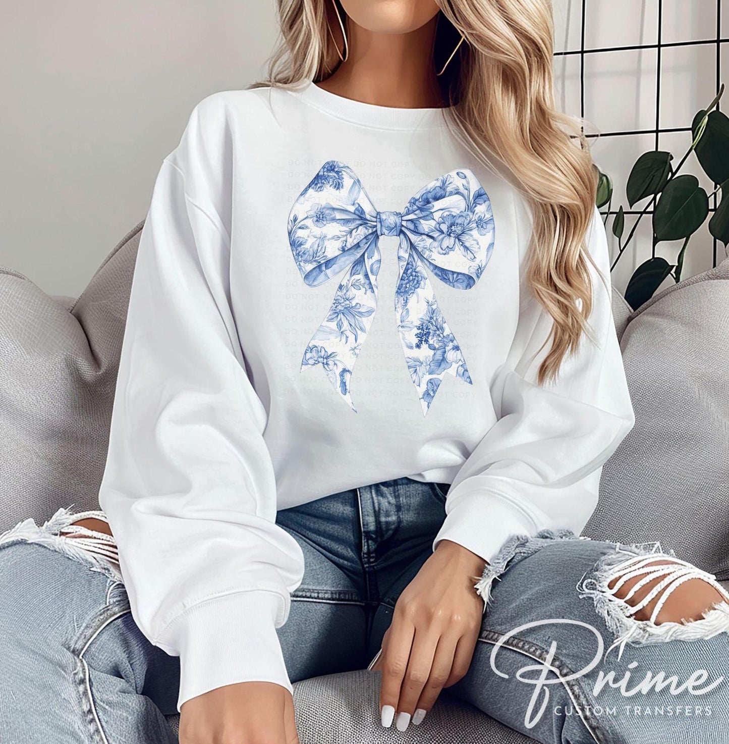 Blue Floral Bow DTF Transfers, Ready to Press, T-shirt Transfer, Heat Transfer, Direct to Film, Coquette Toile Chinoiserie Bow