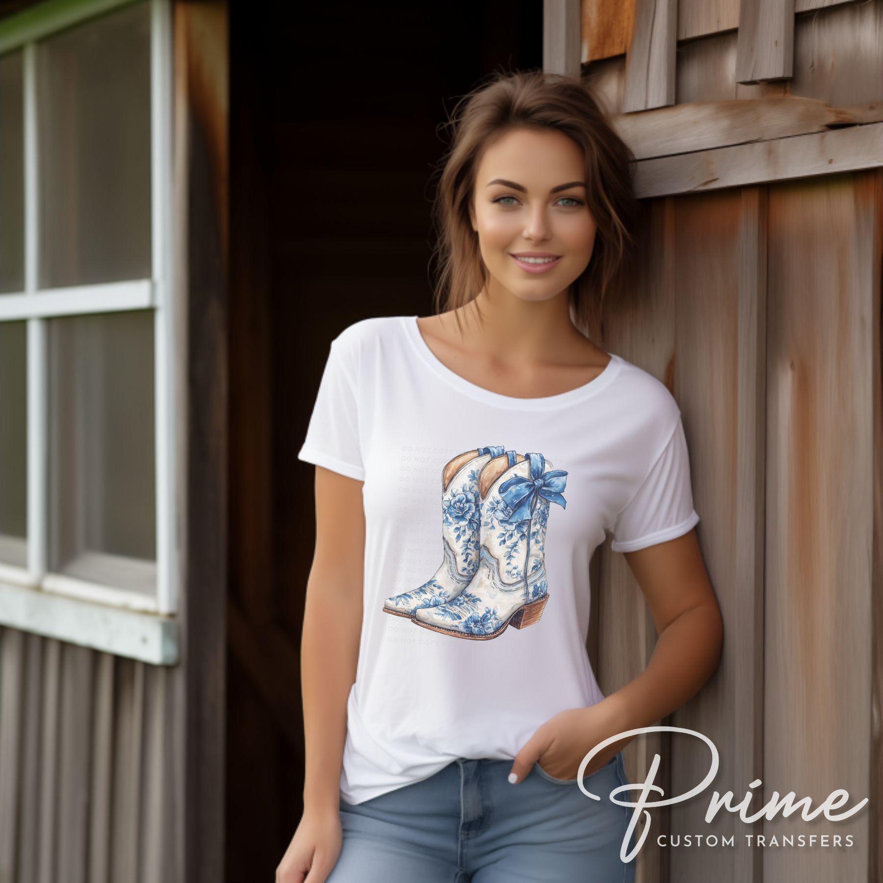 Blue Floral Boots DTF Transfer, Ready to Press, T-shirt Transfers Heat Transfer, Direct to Film, Western, Cowgirl, Coquette Blue Chinoiserie