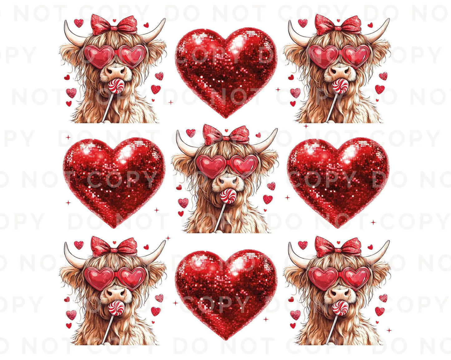 Valentine DTF Transfers, Ready to Press, T-shirt Transfers, Heat Transfer, Direct to Film, Love, Red Disco Hearts, Coquette Highland Cow