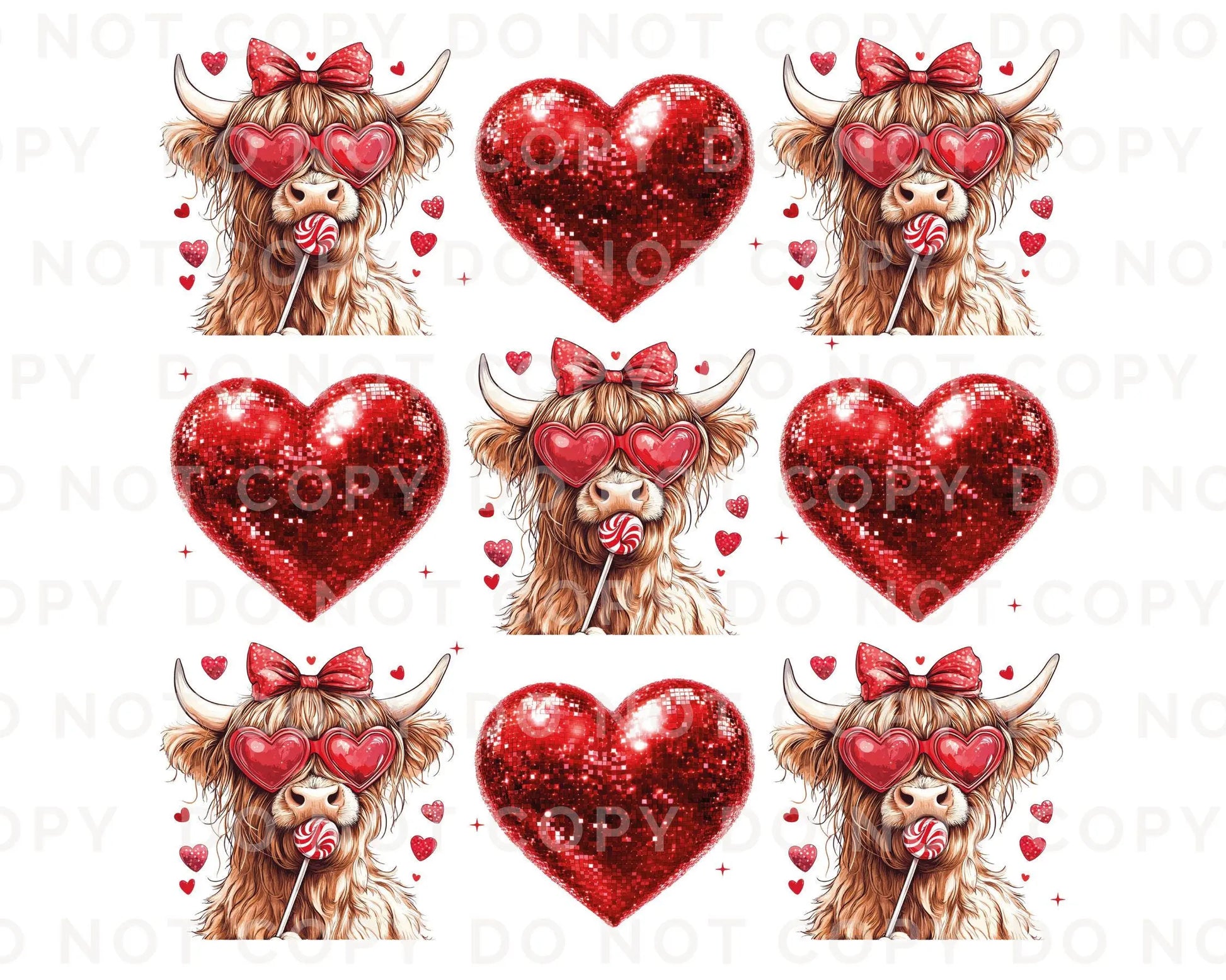 Valentine DTF Transfers, Ready to Press, T-shirt Transfers, Heat Transfer, Direct to Film, Love, Red Disco Hearts, Coquette Highland Cow